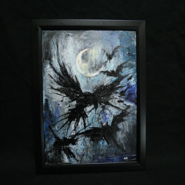 夜の気配 / 油絵・原画 油絵 原画】朧月夜の狂詩曲 〜カラスと月のハロウィン〜（A4額縁