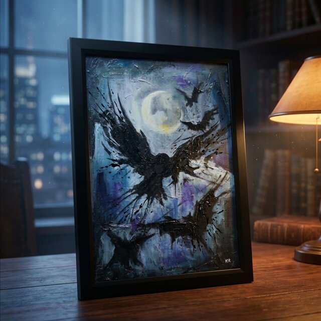 油絵 原画】朧月夜の狂詩曲 〜カラスと月のハロウィン〜（A4額縁
