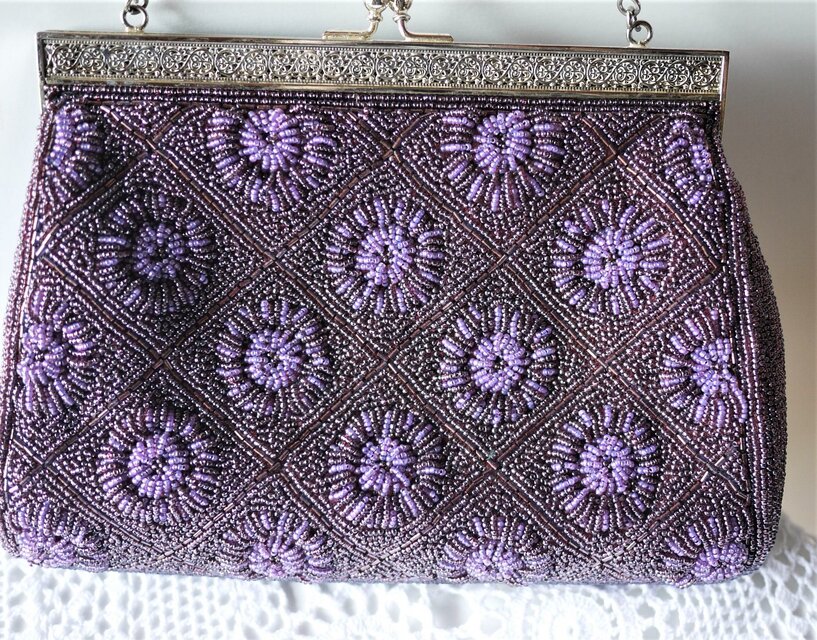 パープルビーズバッグ ビーズ刺繍バッグ 紫ビーズハンドバッグ | iichi