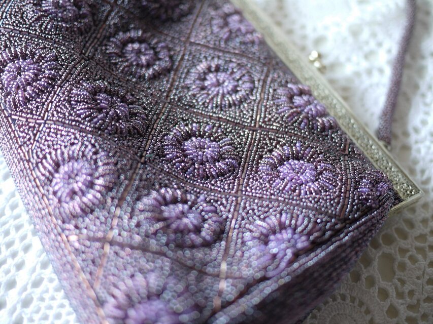 パープルビーズバッグ ビーズ刺繍バッグ 紫ビーズハンドバッグ | iichi