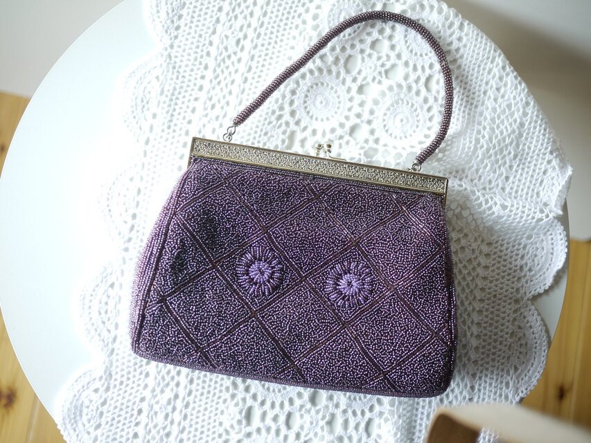 パープルビーズバッグ ビーズ刺繍バッグ 紫ビーズハンドバッグ | iichi