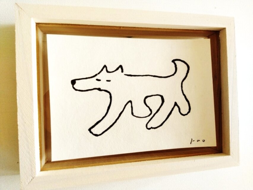 手描き犬の絵 木製フレーム付き 受注制作【犬・イラスト】「歩く犬」 ※木製額縁入り・犬の絵