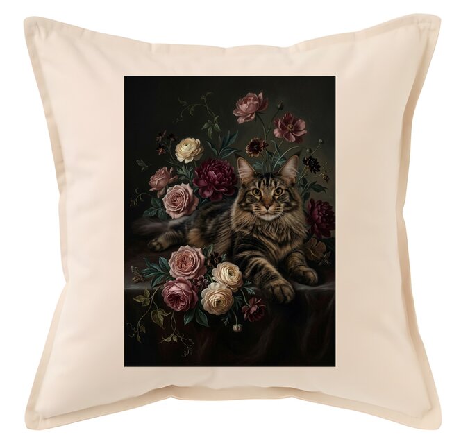 猫（メインクーン）クッション 45cm 花の油絵風カラーアート | iichi