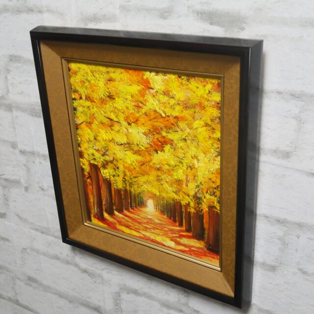 油彩画 銀杏並木 風景画 額装済み 原画】光満ちる金色の回廊 〜銀杏並木の油絵〜（額縁付き・ギフト対応