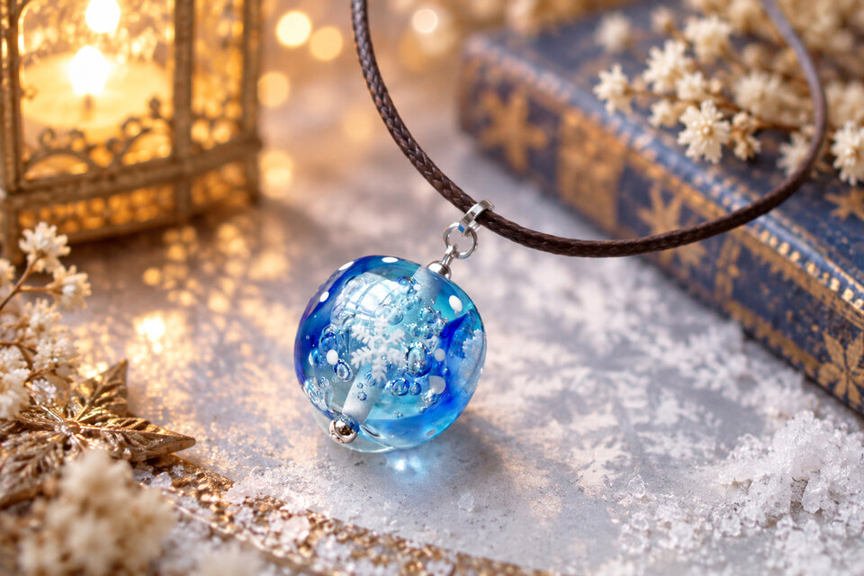 ガラスネックレス ハンドメイド とんぼ玉 雪の結晶 冬空に舞うひとひら】雪の結晶のとんぼ玉ー水色― | iichi 日々の暮らし