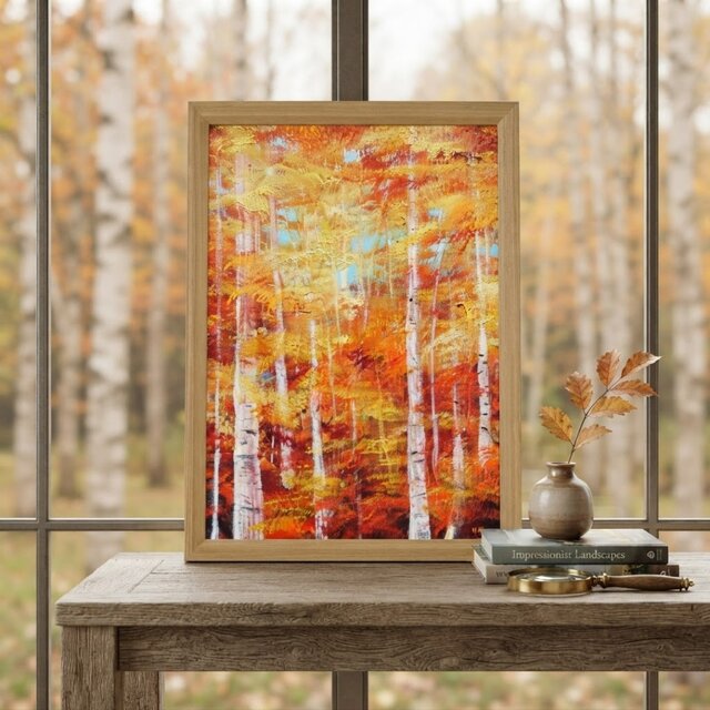 秋麗の調べ】白樺と紅葉の油絵 A4額付き / アート・インテリア・ギフト