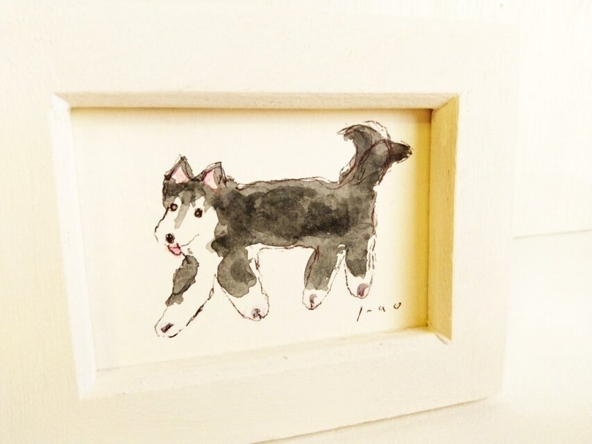 ミニ原画・ドローイング】「しっぽぶんぶん」※木製ミニ額縁入り 犬の絵