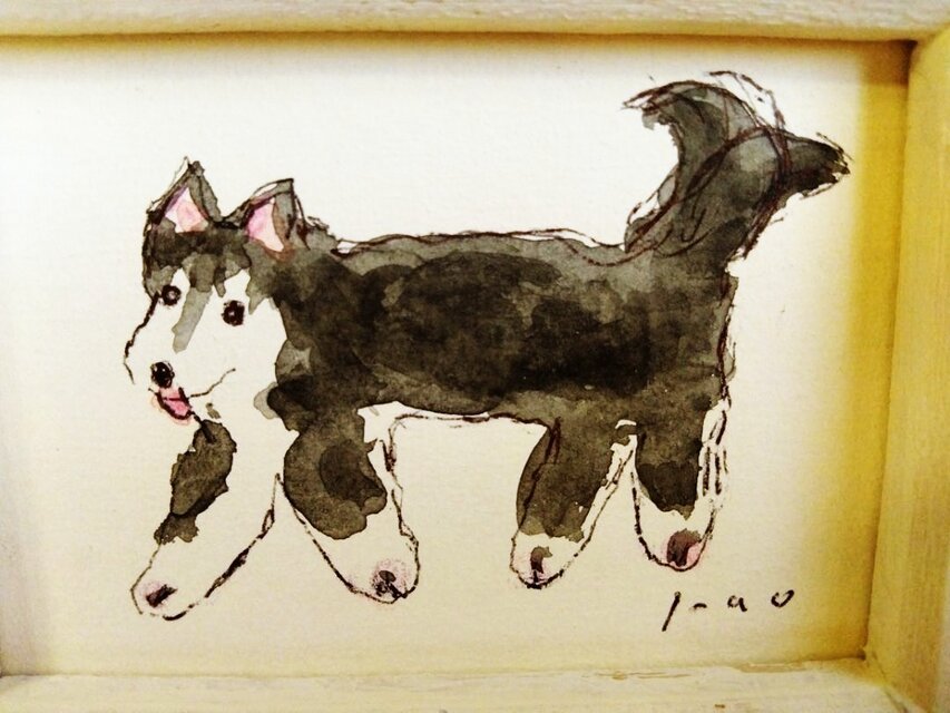 ミニ原画・ドローイング】「しっぽぶんぶん」※木製ミニ額縁入り 犬の絵