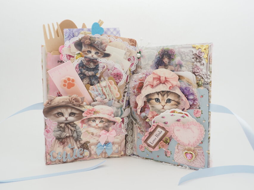 poyo☆彡猫 コラージュ素材セット おすそ分けファイル 紙もの ジャンク 猫♡おすそ分けファイル♡コラージュ♡BOOKタイプ♡がま口ポーチ付き