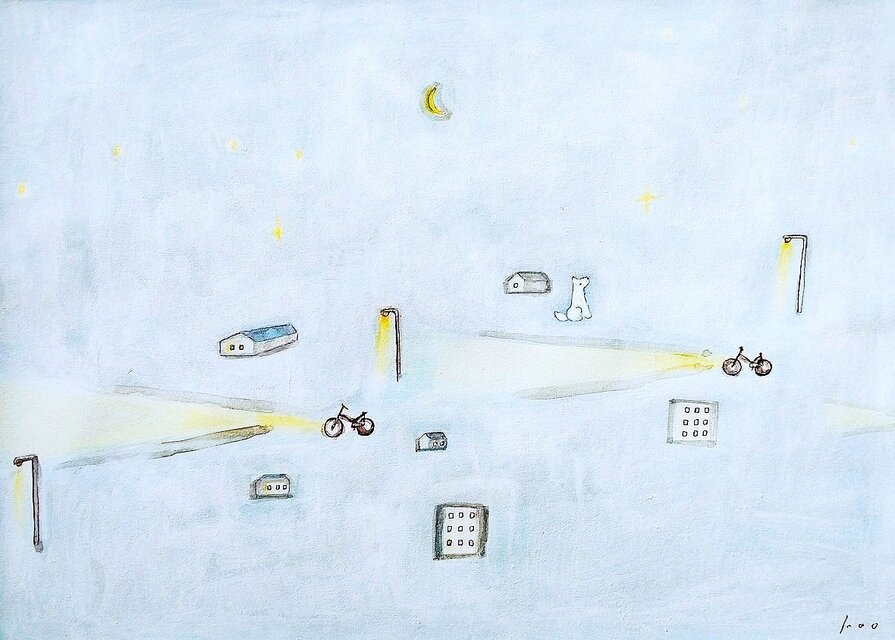 原画・額入り】「遠吠えの夜」（四つ切りサイズ）一点物・手描き