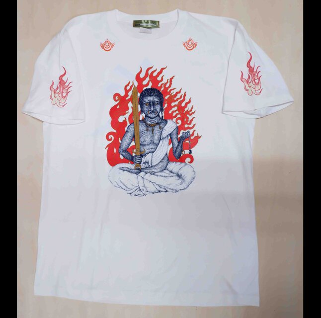 不動明王 手刷りTシャツ｜仏教美術・炎・梵字・シルクスクリーン｜白 S