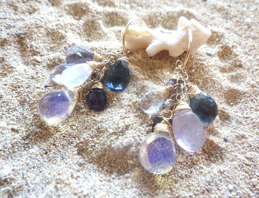 14KGF/2WAY】Winter Gem Bouquet Hoop Earrings 冬の天然石ブーケ