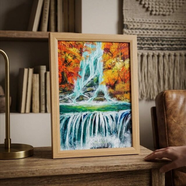 油絵 原画【錦秋の咆哮】秋の滝と紅葉の風景画 A4額縁付き｜インテリア