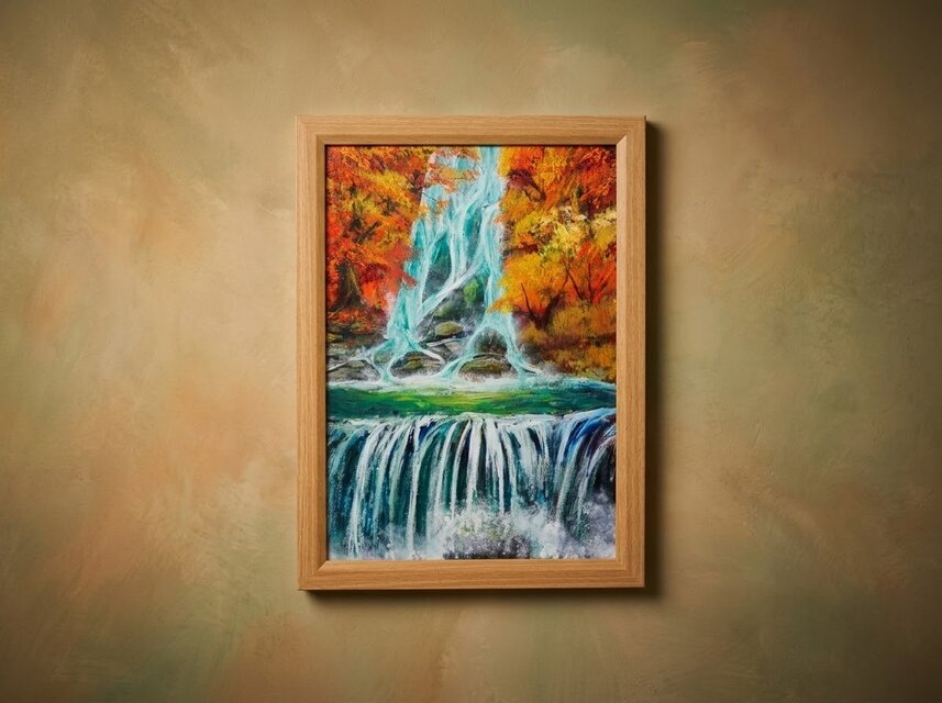 油絵 原画【錦秋の咆哮】秋の滝と紅葉の風景画 A4額縁付き｜インテリア