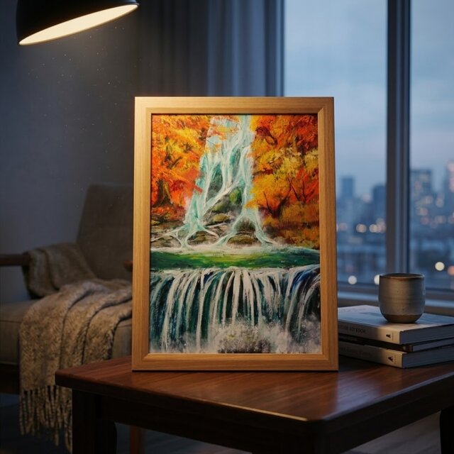 油絵 原画【錦秋の咆哮】秋の滝と紅葉の風景画 A4額縁付き｜インテリア