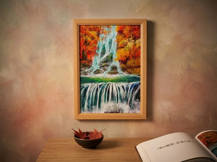 油絵 原画【錦秋の咆哮】秋の滝と紅葉の風景画 A4額縁付き｜インテリア