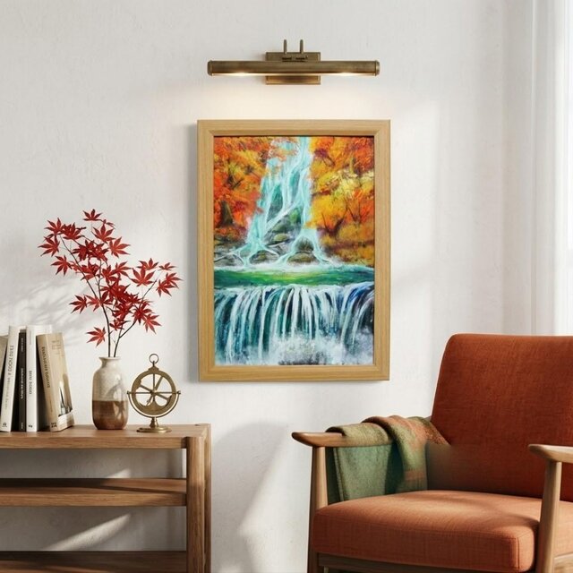 油絵 原画【錦秋の咆哮】秋の滝と紅葉の風景画 A4額縁付き｜インテリア
