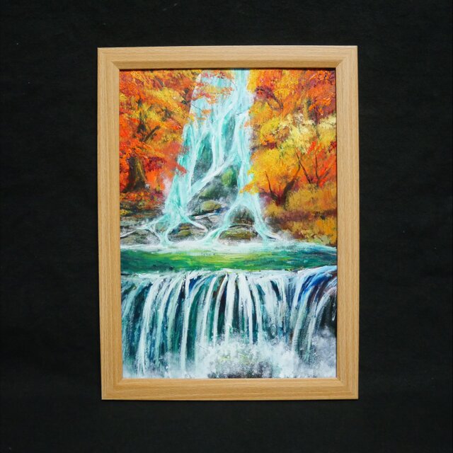 油絵:滝(額縁付き) 油絵 原画【錦秋の咆哮】秋の滝と紅葉の風景画 A4額縁付き｜インテリア