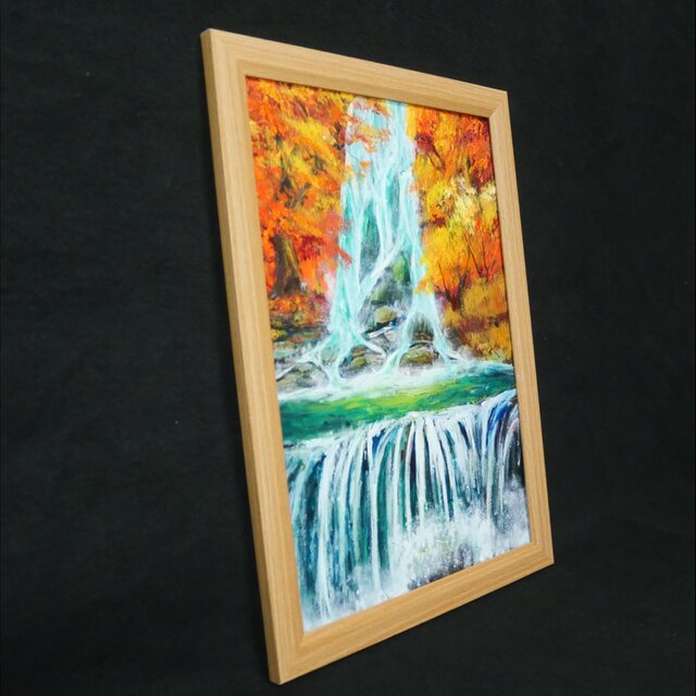 油絵 原画【錦秋の咆哮】秋の滝と紅葉の風景画 A4額縁付き｜インテリア