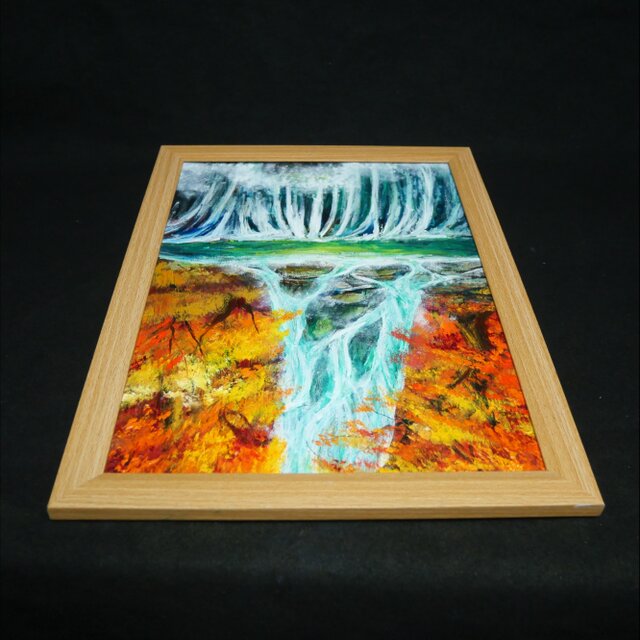 油絵 原画【錦秋の咆哮】秋の滝と紅葉の風景画 A4額縁付き｜インテリア