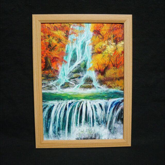 油絵 原画【錦秋の咆哮】秋の滝と紅葉の風景画 A4額縁付き｜インテリア