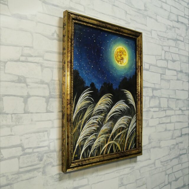 満月の夜に揺れるススキ【十五夜の月】油絵 原画 A4サイズ