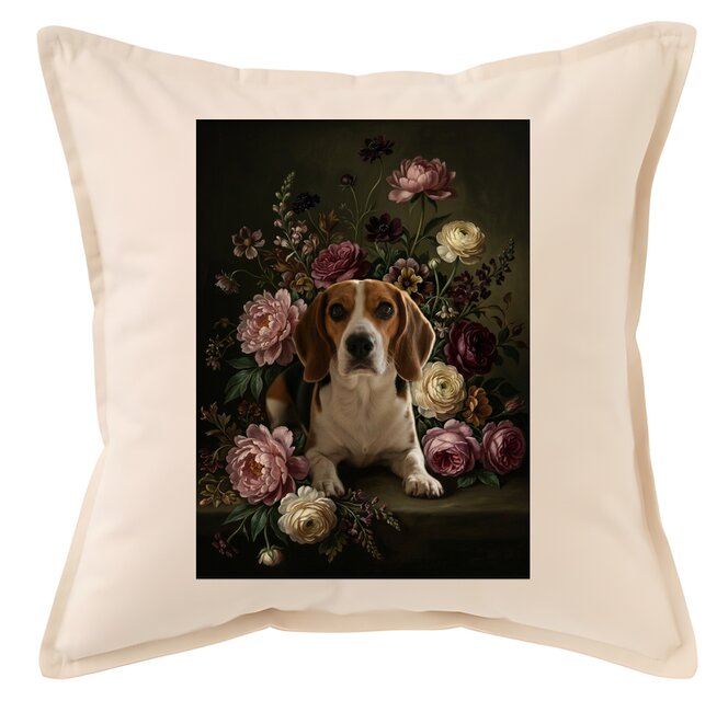 犬（ビーグル）クッション 45cm 花の油絵風カラーアート | iichi 日々