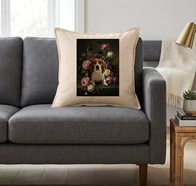 犬（ビーグル）クッション 45cm 花の油絵風カラーアート | iichi 日々