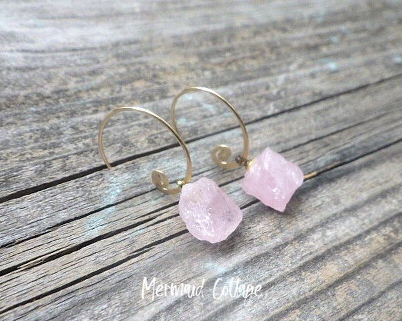 14kgf*Morganite Hoop Earrings 大ぶりモルガナイト原石と14KGF槌目