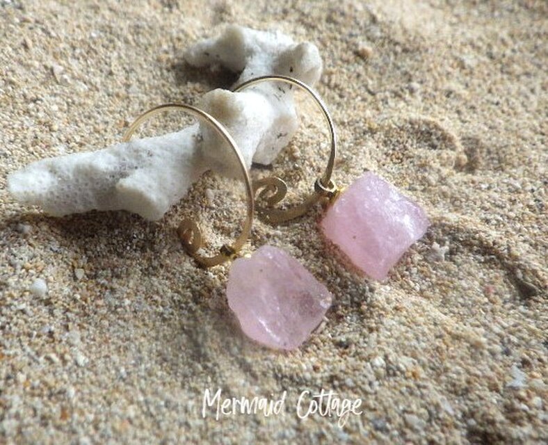 14kgf*Morganite Hoop Earrings 大ぶりモルガナイト原石と14KGF槌目