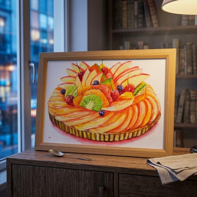 原画】油絵 A4「陽だまりのティータイム」フルーツタルト（額縁付き