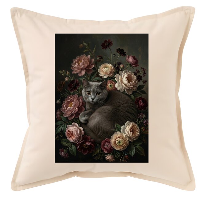 猫（ブリティッシュショートヘア）クッション 45cm 花の油絵風カラー