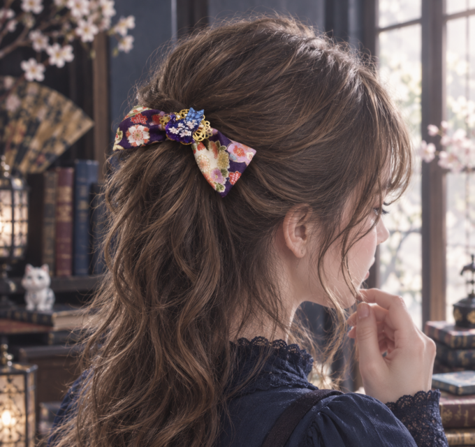 和×猫】和柄リボンと桜猫のヘアコーム（猫モチーフ髪飾り）Japanese
