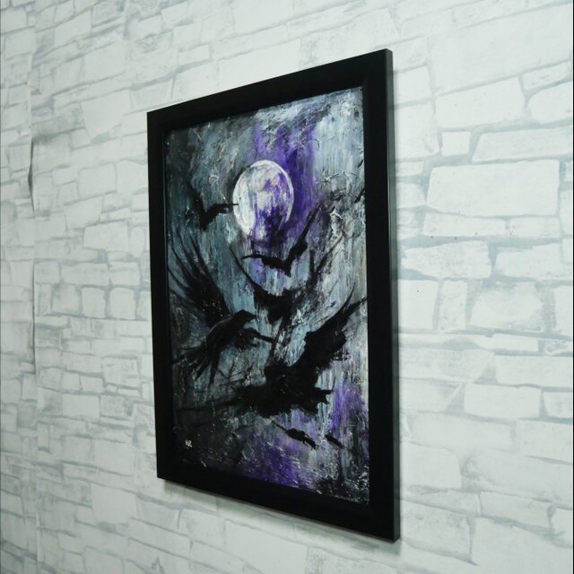 油彩額装画「虚空の飛翔」A4 カラス 満月 / ハロウィン 壁掛けアート
