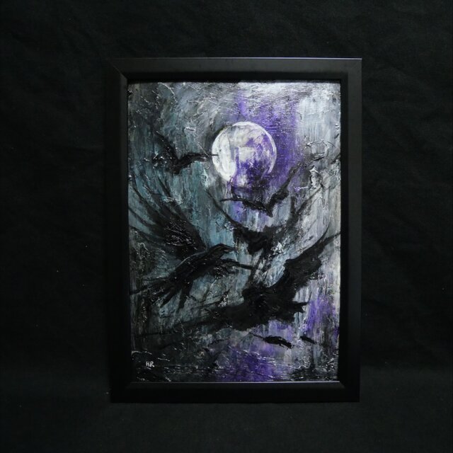 油彩額装画「虚空の飛翔」A4 カラス 満月 / ハロウィン 壁掛けアート
