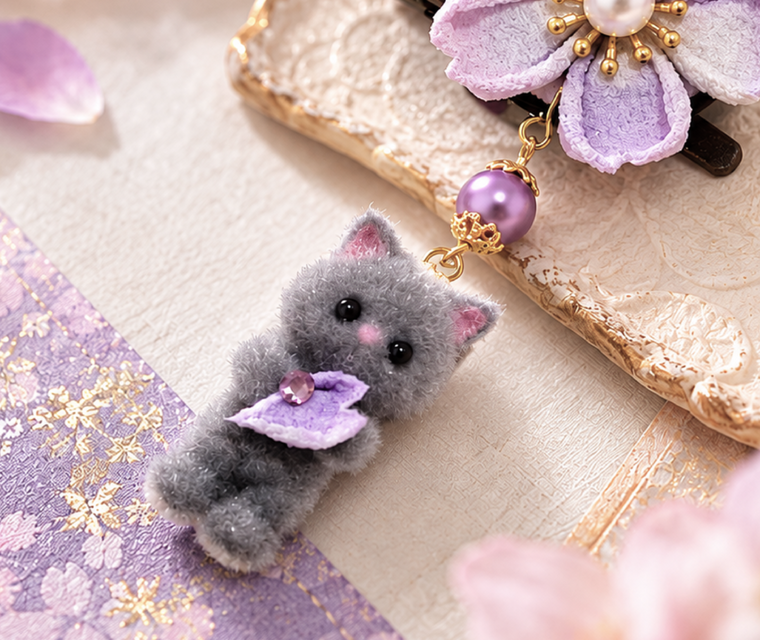 NO.527 梅の花と和風猫♡ヘアゴム　ブローチ　キーホルダー 和×猫】桜の木の下で 〜つまみ細工桜と猫のブローチ - Sakura & Cat