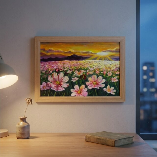油彩画 原画「一期一会の朝光」A4サイズ額付｜秋桜 コスモス畑 朝焼け