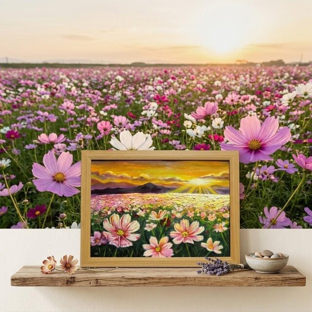 油彩画 原画「一期一会の朝光」A4サイズ額付｜秋桜 コスモス畑 朝焼け