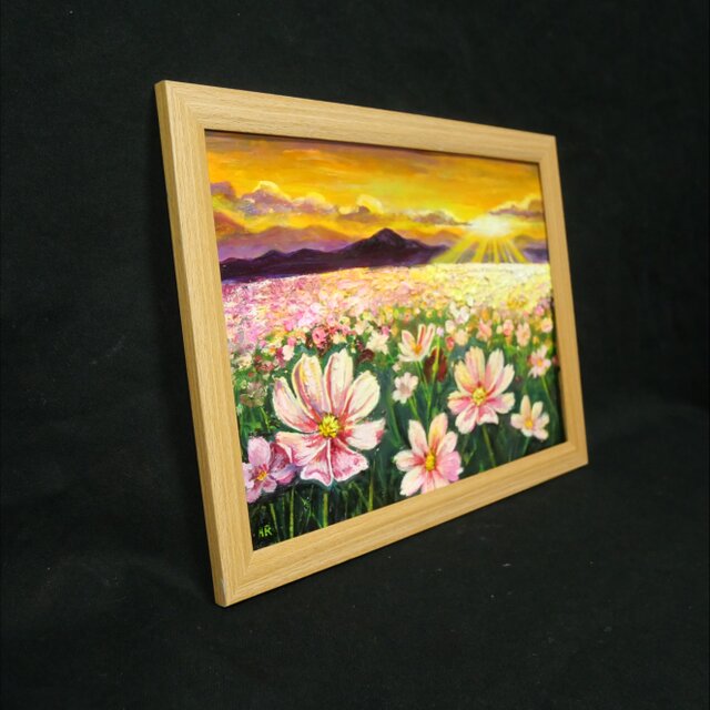 油彩画 原画「一期一会の朝光」A4サイズ額付｜秋桜 コスモス畑 朝焼け