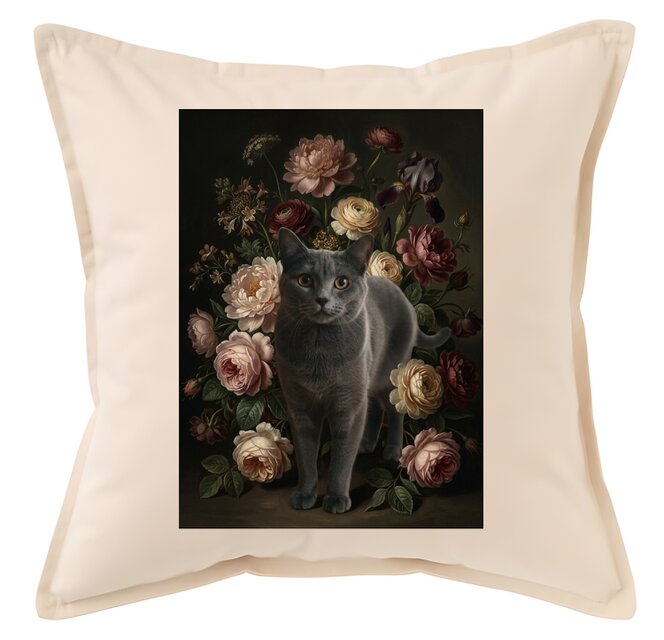 猫（シャルトリュー）クッション 45cm 花の油絵風カラーアート | iichi