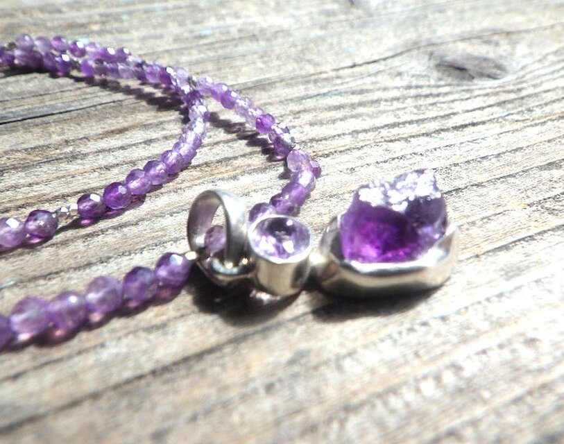Raw Amethyst Necklace 大粒アメジスト原石とSV925の3WAYジェム