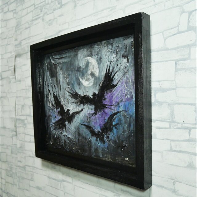 原画】三日月と黒翼の啓示 / 油絵 絵画 額縁付き 壁掛け モダンアート