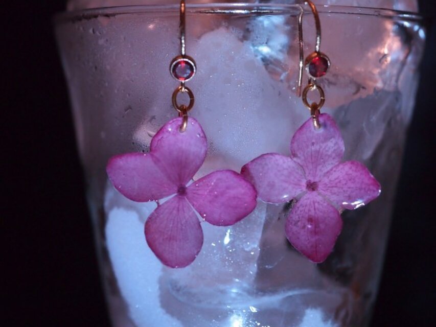 ガーネットと紫陽花のピアス