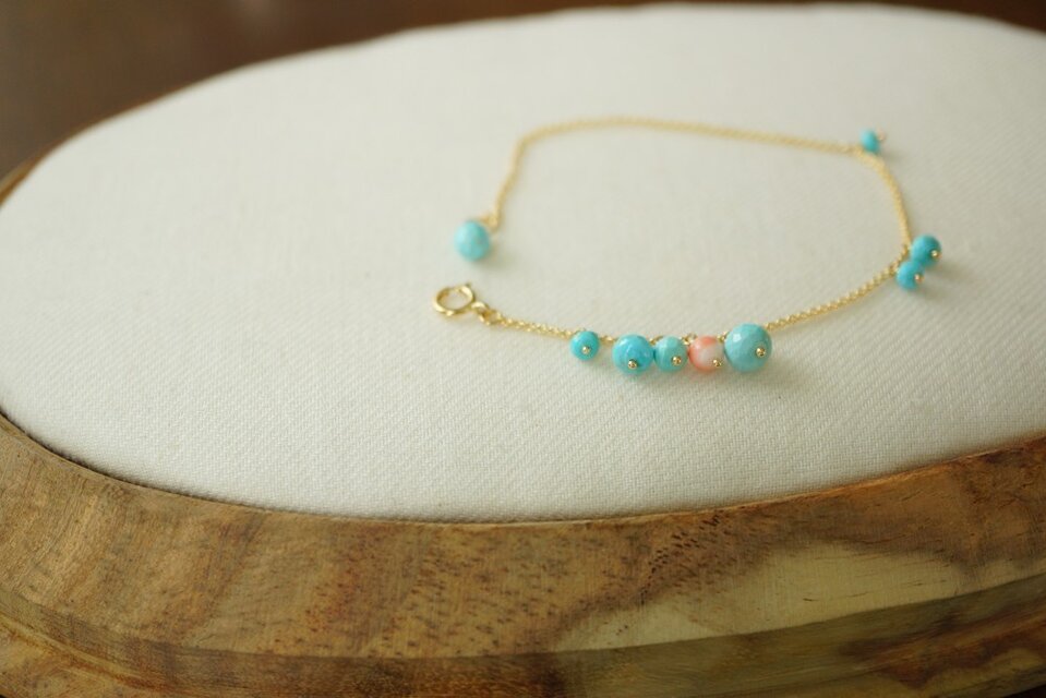K14GF SBターコイズピンクコーラルつぶつぶブレスレット