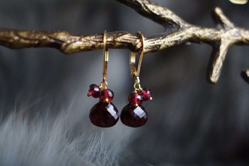 【K様オーダー】Wガーネットレバーバックピアス3 K14GF