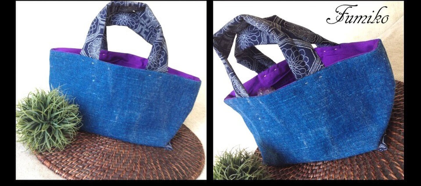 ジュートと着物地のミニバック　青×紫