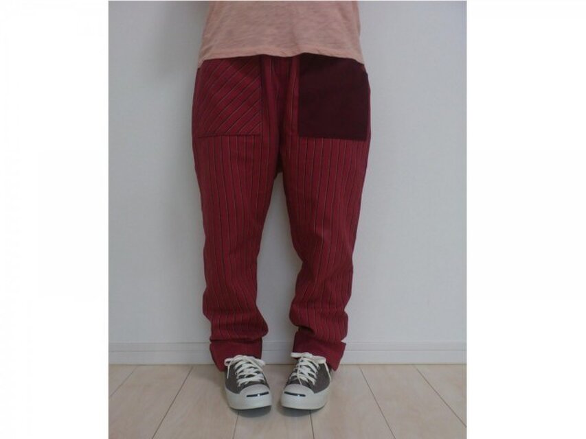 ※オーダ品※綿のゆるパンツ(ボルドーストライプ)020