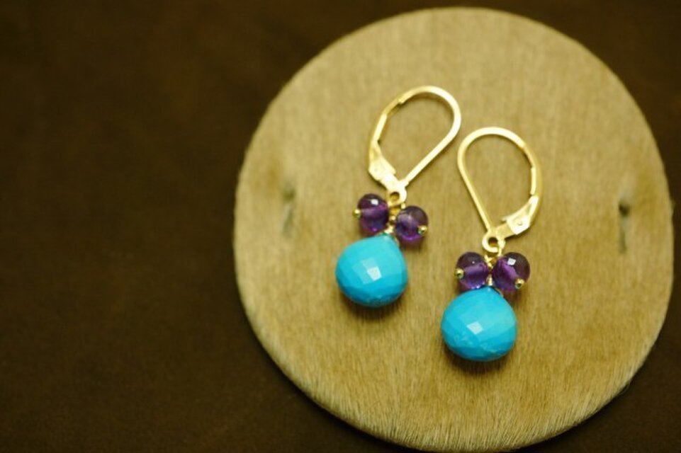 ターコイズアメジストレバーバックピアス 14KGF