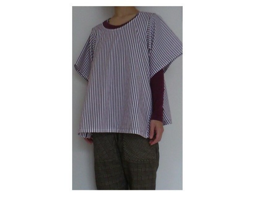 シャツ生地のゆるTシャツ(白×ボルドー)A001