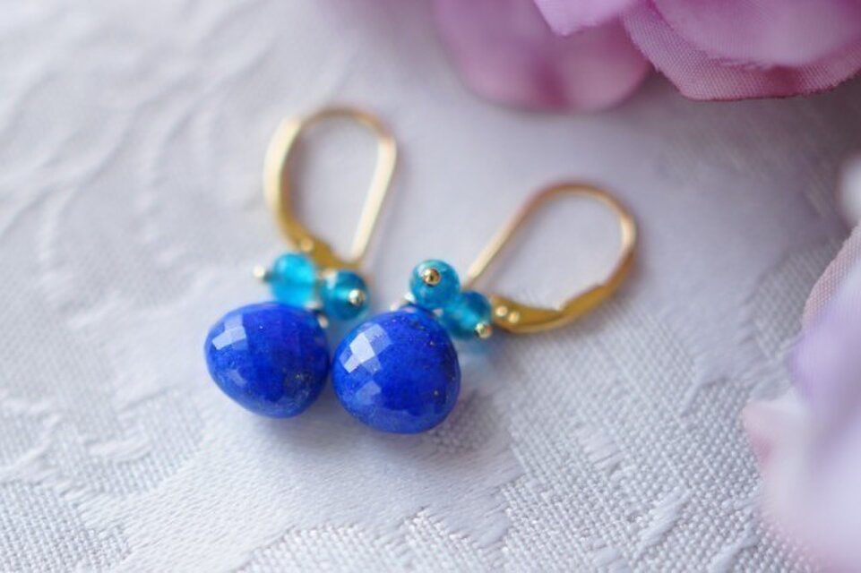 【K様オーダ】ラピスBアパタイトレバーバックピアス２ K14GF